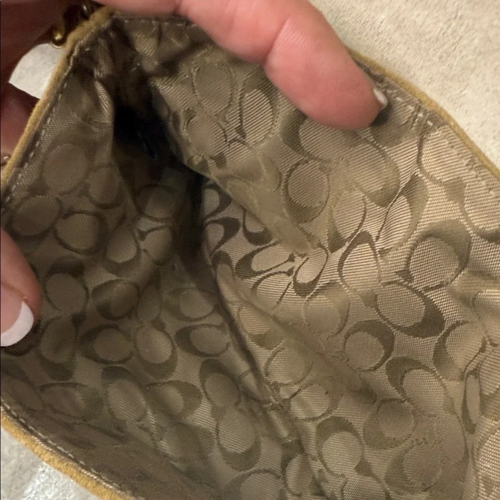 Vintage Coach Legacy Tan and Brown Suede Wristlet with Gold Hardware